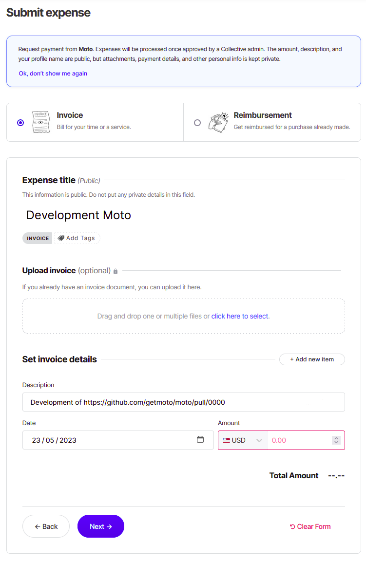 Screenshot of the Expense-procedure